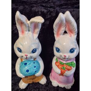 Vintage MCM Pair of Kitsch Anthropomorphic Easter Bunny Rabbit‎ Figurines Japan